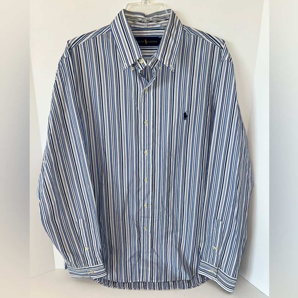 Ralph Lauren men’s blue stripe long sleeve cotton button down shirt size Large